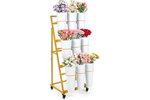 ZpigToor Flower Display Stand With 9 Buckets,Flower Bar with Wheels,Flower Cart Display Stand for Florist Garden Wedding Home