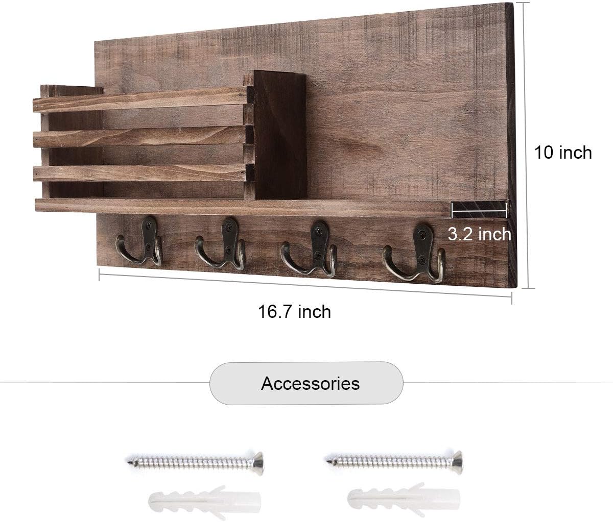 Rustic Mail Envelope Holder with 4 Key Hook Rack,Coat Rack Wall Hanging