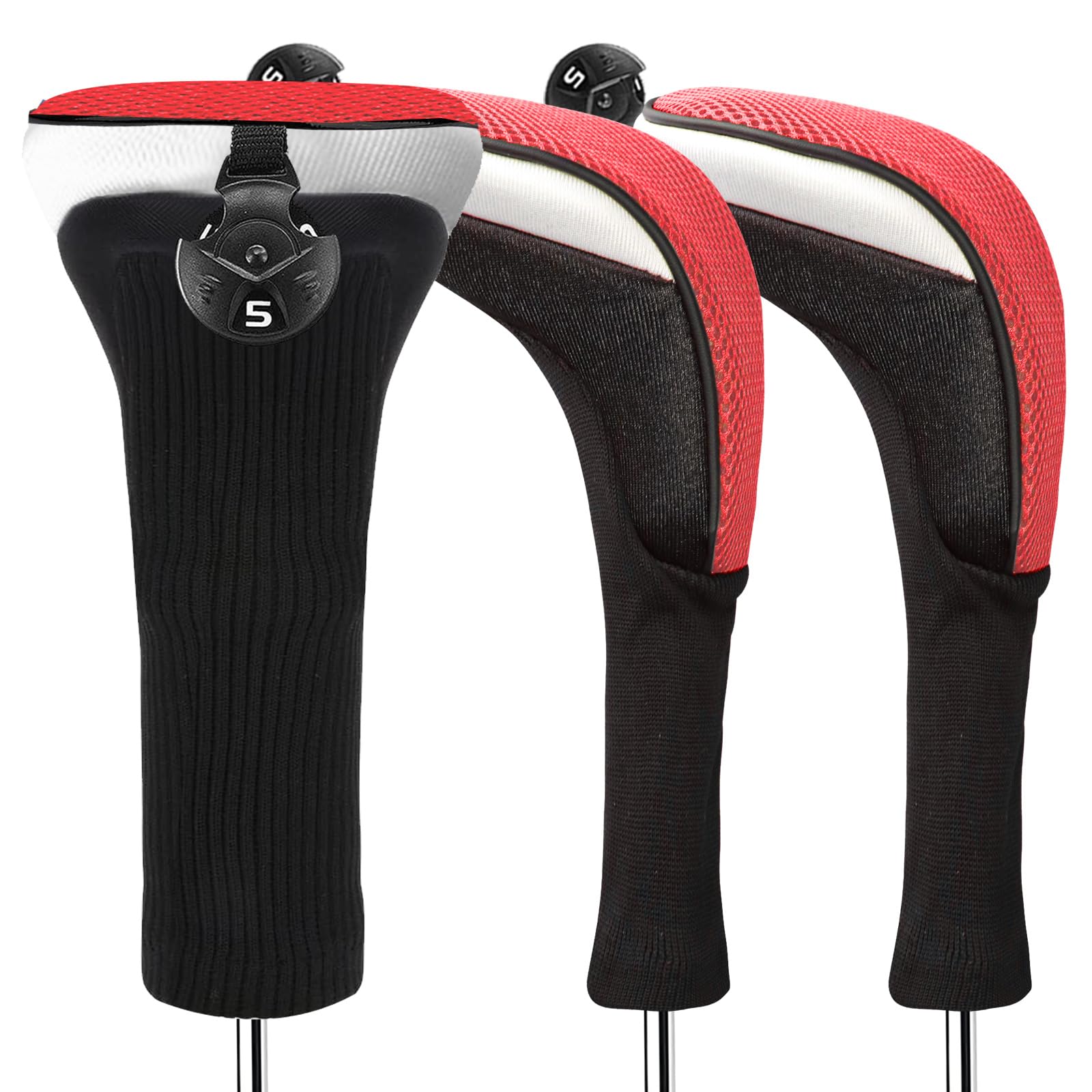 FINGER TEN Golf Club Head Covers Woods Hybrids Long Cover, Headcovers with Interchangeable No. Tags Fit All Hybrids Wood Clubs Light Durable (Red-3 Pack Hybrid Covers)