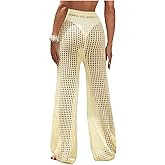 COZYEASE Women's Beach Cover Up Pants Hollow Out Drawstring Elastic High Waist Bathing Suit Cover Up Beach Pants