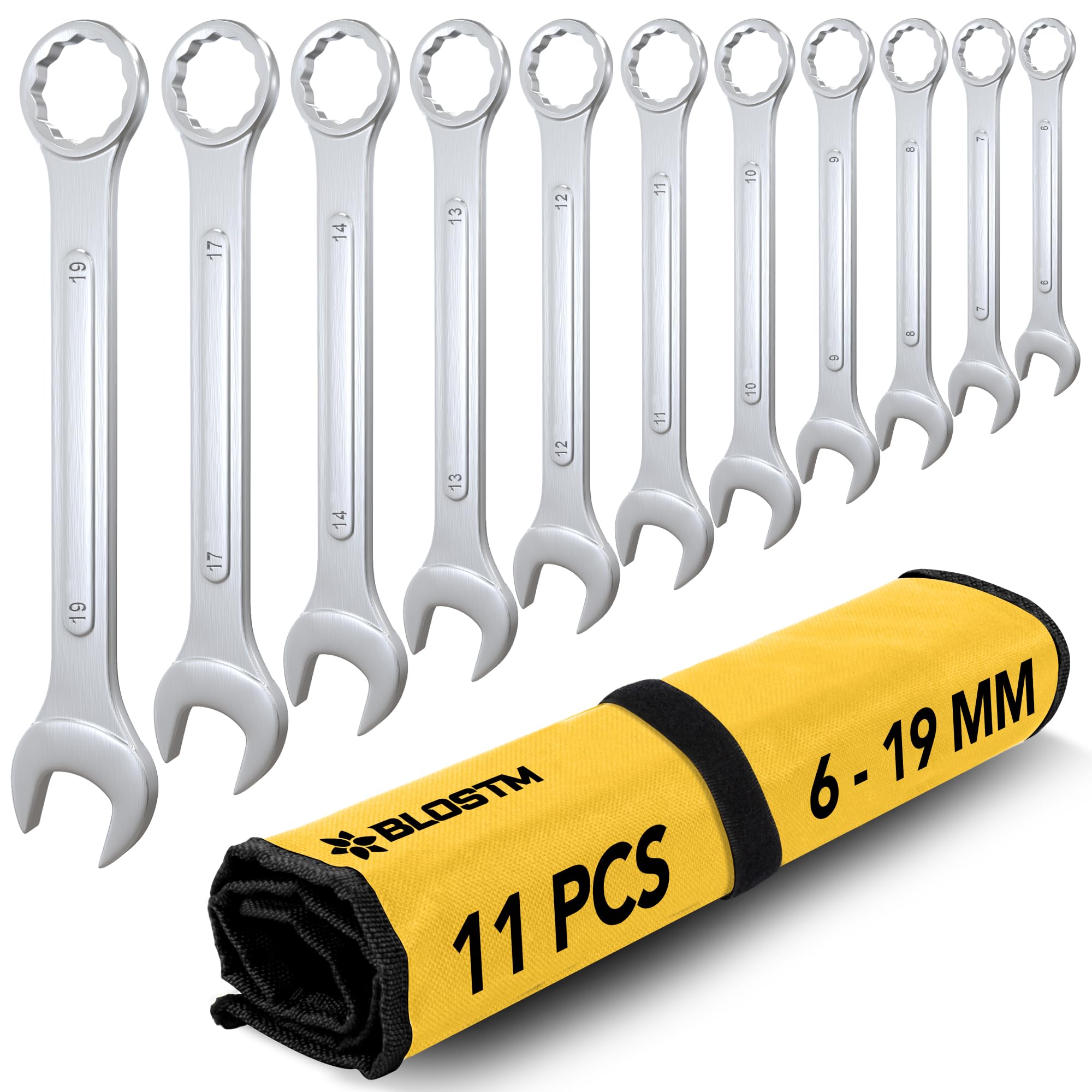 BLOSTM Combination Spanner Set - 11-Piece Spanner Set (6mm-19mm), Chrome Plated, Drop Forged Double-Ended Metric Spanner Set, Ideal for DIY Projects & Repairs, Includes Roll-Up Storage Pouch - 11 PCS