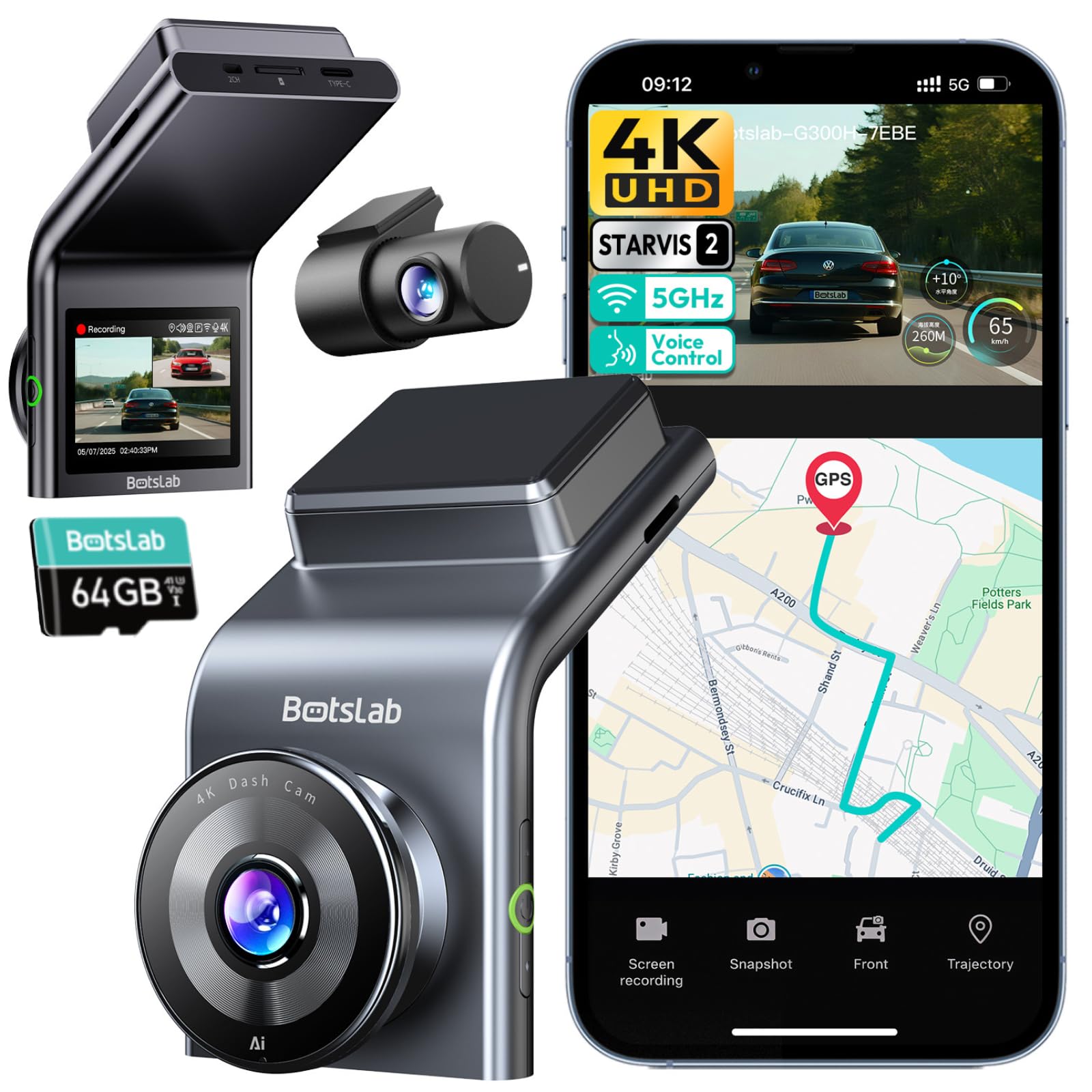 Photo 1 of BOTSLAB 4K Dash Cam Front and Rear, STARVIS 2 Sensor, Voice Control, 64GB Card Included, 5GHz WiFi Dashcam Front and Rear Camera, Built in GPS, WDR Night Vision, 170°Wide Angle, 24H Parking Mode