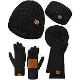 Women Winter Beanie Hat Scarf Gloves Headband Set, Fleece Lined Hat Ear Warmer Knit Long Scarf Touchscreen Gloves 4 Gift Set