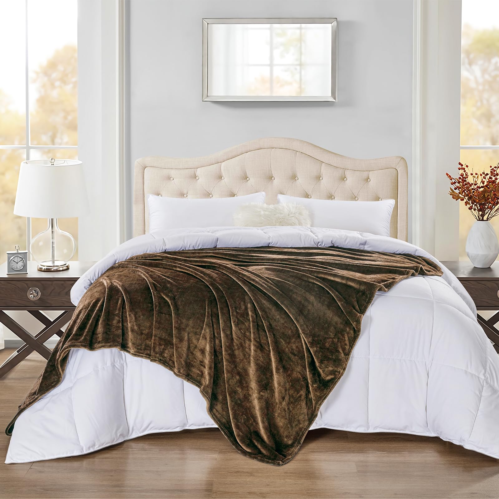 BOURINA Flannel Blanket Throw Lightweight Cozy Plush Microfiber Solid Fleece Blanket,Throw (Brown,270x230cm)