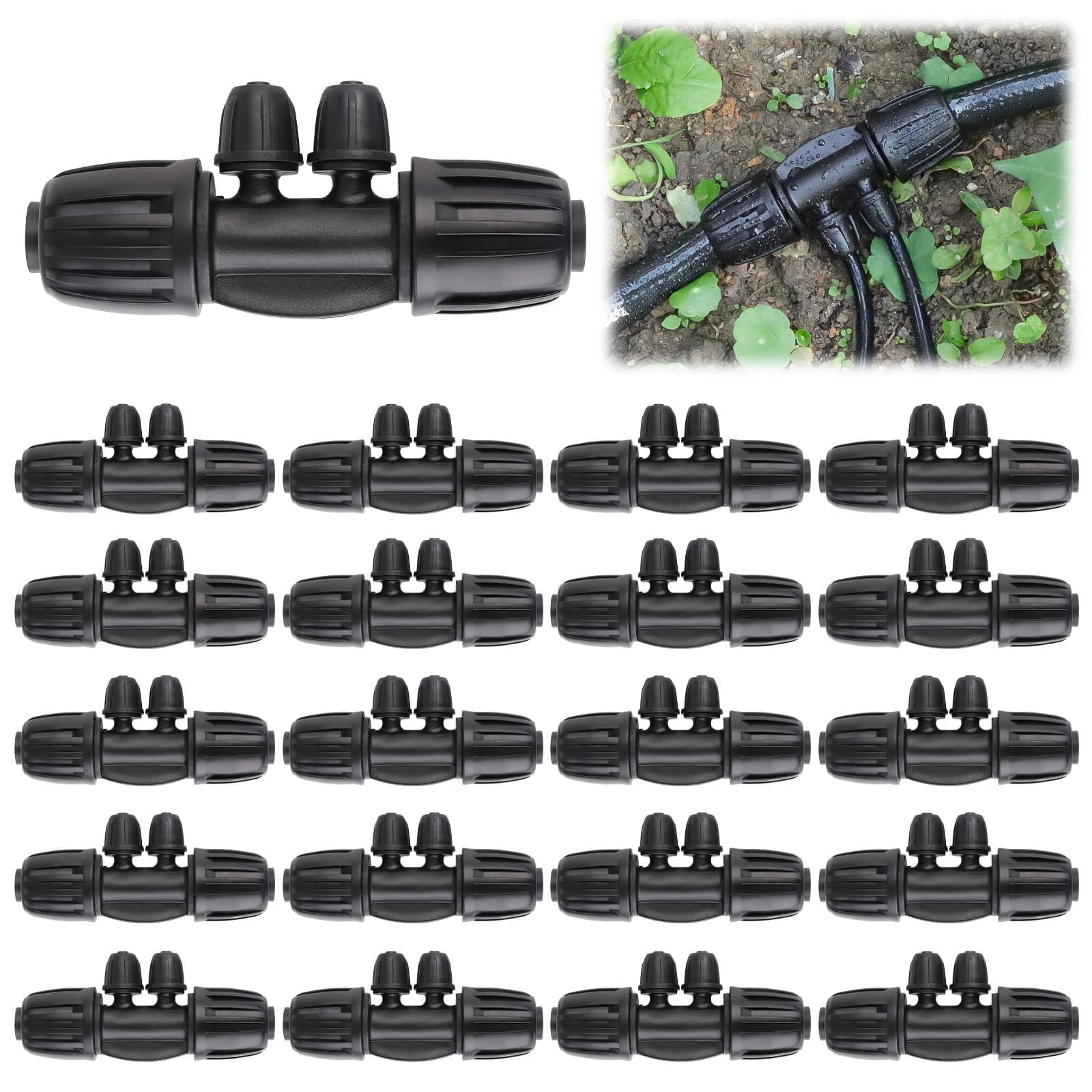 20PCS Locked Barbed Tee Connectors, Kalolary 1/2 Inch to 1/4 Inch Drip Irrigation Fittings Kit 12/16mm to 4/7mm Tube Lock Female Connector 4-Way Barbed Lock Irrigation Parts for Garden Watering System