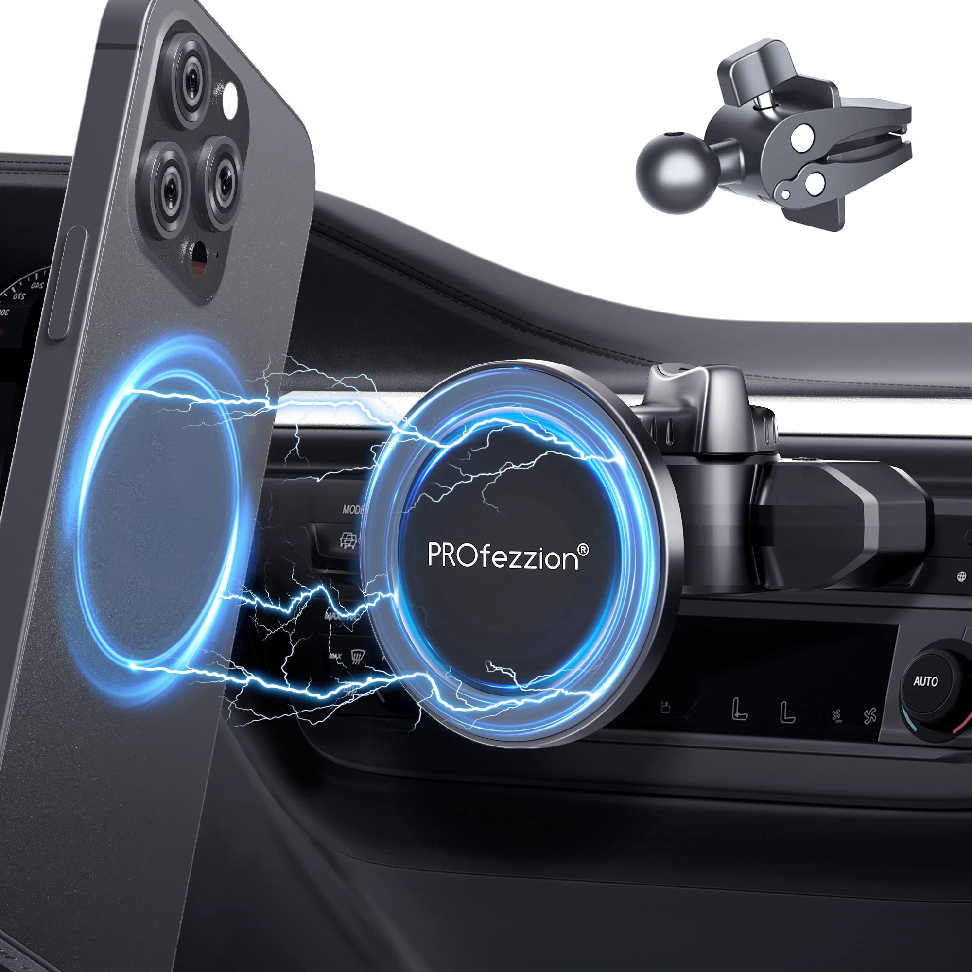 PROfezzion CD Slot & Vent Clip Combo Magnetic Phone Holder Compatible with MagSafe on Car CD Player Slot or Air Vent for iPhone 17 16 15 14 13 12 Pro Max Plus, Mag-Safe Case & All Phones