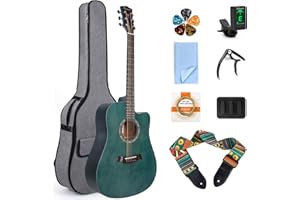 LOTMUSIC Acoustic Guitar,41 Inch Professional Cutaway Folk Guitarra Bundle 6 Metal Strings with Beginner Kit Gig Bag Tuner Strap Picks,Strings Capo Mute Clean cloth