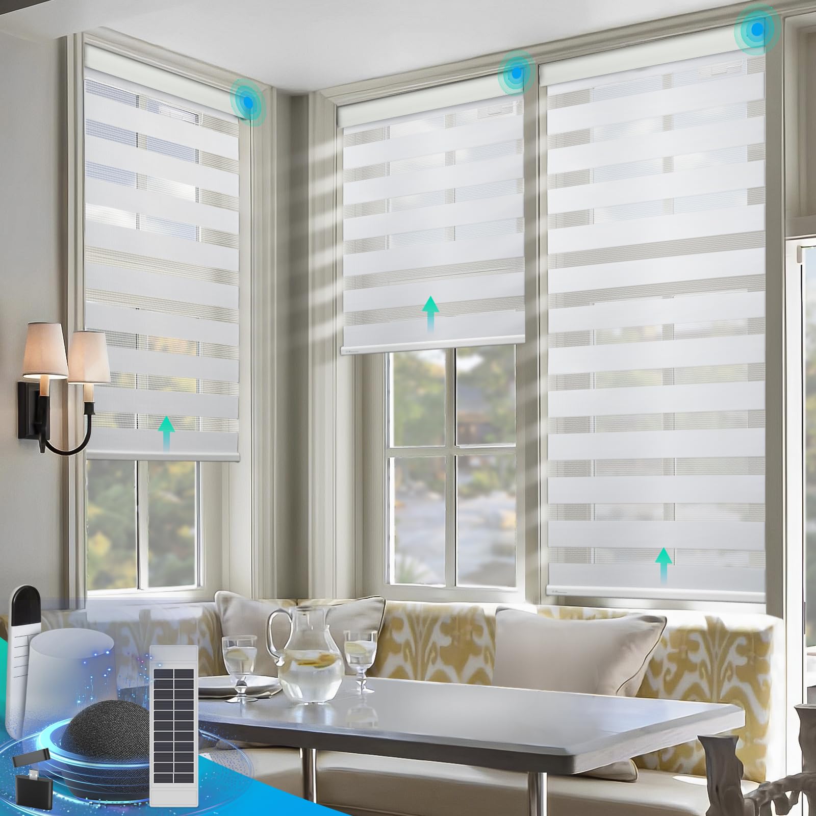 Photo 1 of ***MISSING PARTS -SELLING AS IS *** Zebra Blinds, Solar Powered Dual Layer Automatic Shades with Remote Control, Rechargeable Smart Blinds Horizontal Wireless Electric Shades for Windows. White? 35 x 72