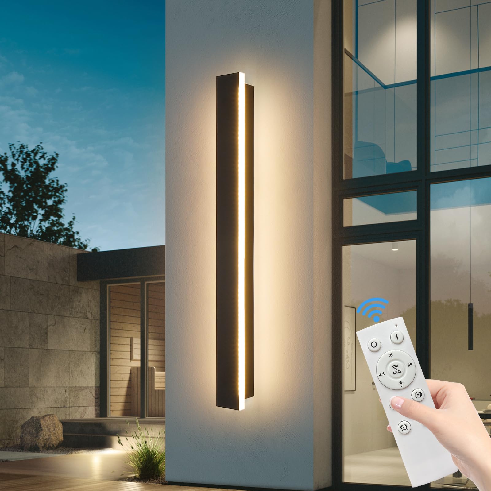 Mikeru 80CM Dimmable Outdoor Wall Light, 31W Garden Fence Lights Rainproof Long Strip Wall Lights 10% to 100% Tricolor Light 3000k/4500k/6000k for Garden, Corridor, Outside Balcony