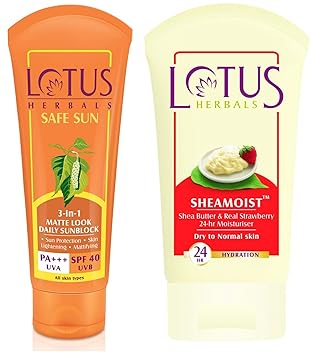 Lotus Herbals Safe Sun 3-In-1 Matte Look Daily Sunblock, SPF 40, 100g & Herbal Sheamoist Shea Butter And Real Strawberry 24 Hour Moisturiser, 120g Combo