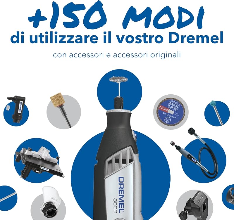 3000 Utensile Multifunzione Rotativo, 1 Complemento, 25 Accessori per Intagliare, Incidere, Fresare, Tagliare, Levigare, Smerigliare, Lucidare e Pulire, 130 W, 230 V, Nero/Grigio