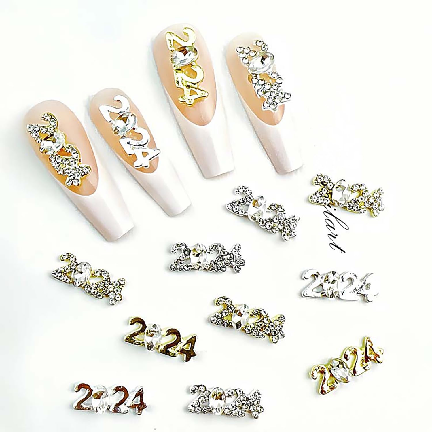 2024 Nail Art Decorations 2024 Number Nail Rhinestone Rivet 3D Alloy Nail Glitter Design Metal Digit Nail Diamond Supplies for Women Girls Manicure Graduation Decorations DIY Jewelry Making Crafts - Image 2