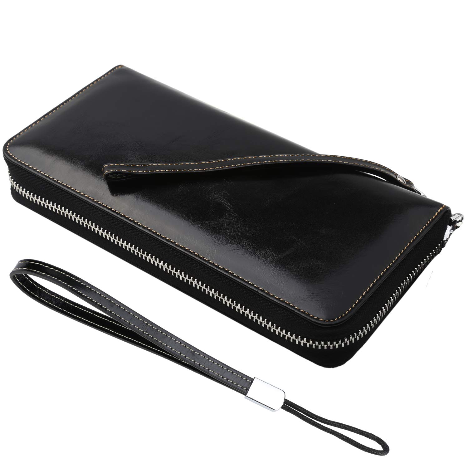 Lavemi Cartera con bloqueo RFID para mujer, 100% cuero, gran capacidad, con cremallera, soporte para teléfono, bolso de mano, bolso de viaje (tamaño grande, negro)