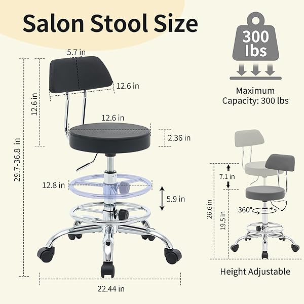 FIRAVOE ROLLING STOOL WITH BACK,ADJUSTABLE HEIGHT FOOT REST ROLLING SALON CHAIR 19.5″-26.6″,BLACK ERGONOMIC STOOL (BLACK)