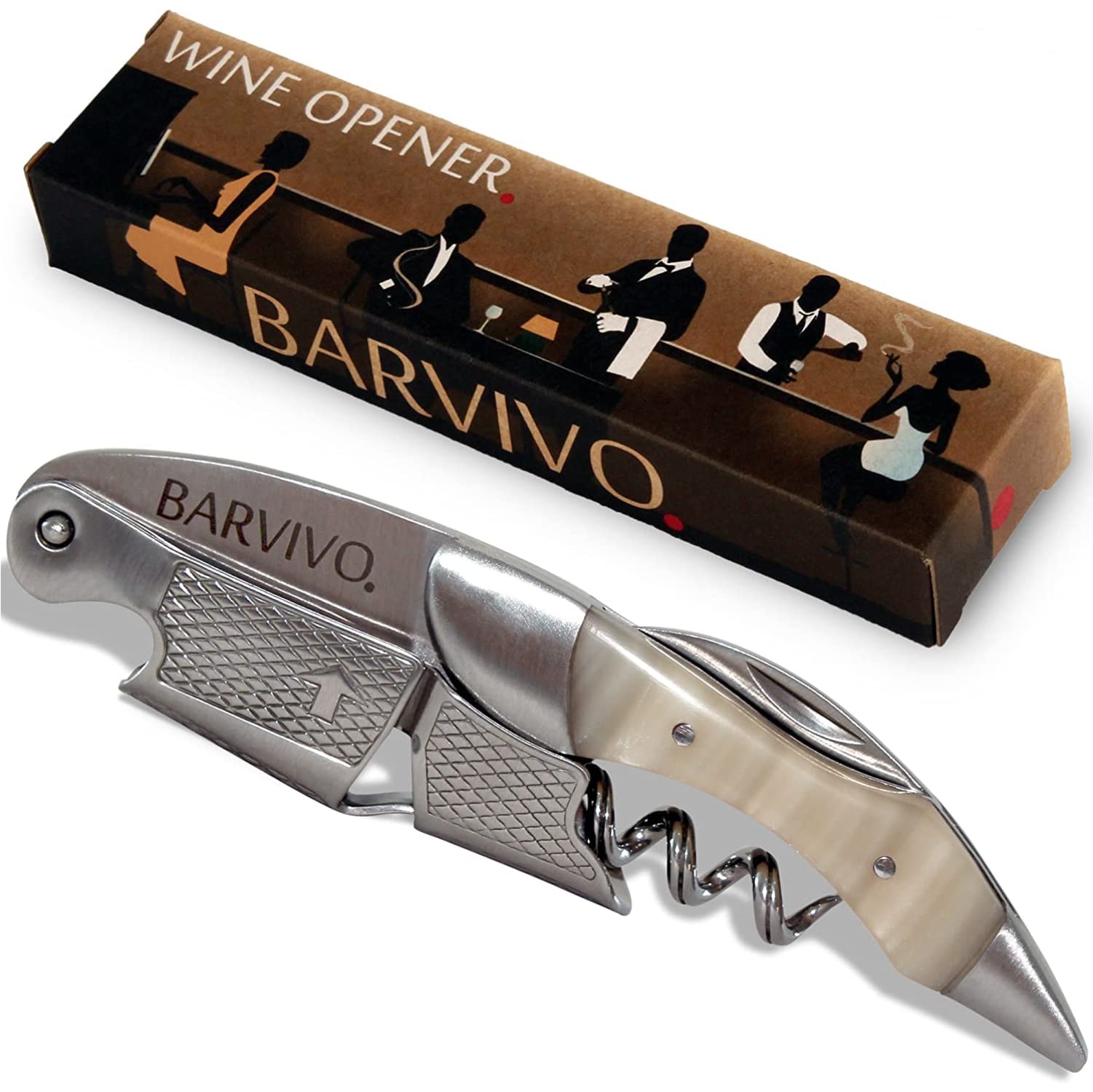 Professional Waiters Corkscrew by Barvivo - This Wine Opener is Used to Open Beer and Wine Bottles by Waiters, Sommelier and Bartenders Around the World. Made of Stainless Steel and White Resin.