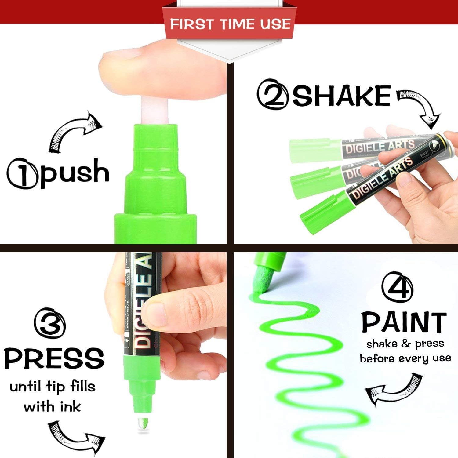 DIGIELE Liquid Chalk Markers, 6mm Reversible Bullet and Chisel Tip, Dry/Wet Wipe Erase Chalk Pens - Image 3