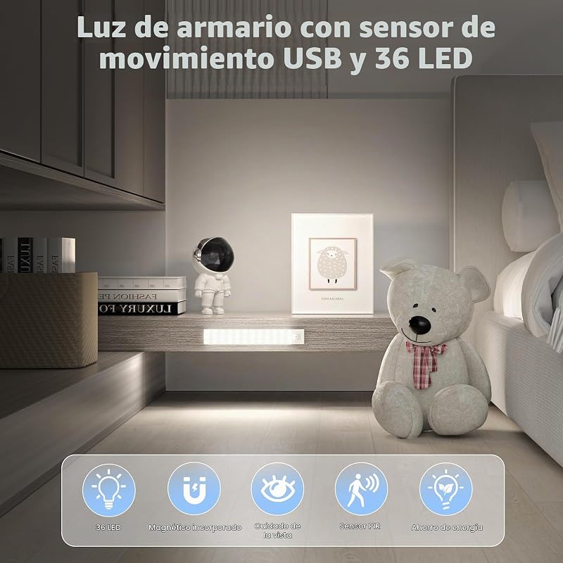 Luz magnética led para armário ouila com sensor de movimento 36 leds 4 modos luz led adesiva usb recarregável 1000mah luz noturna para escadas, armário, corredor, cozinha, garagem-2 pacotes
