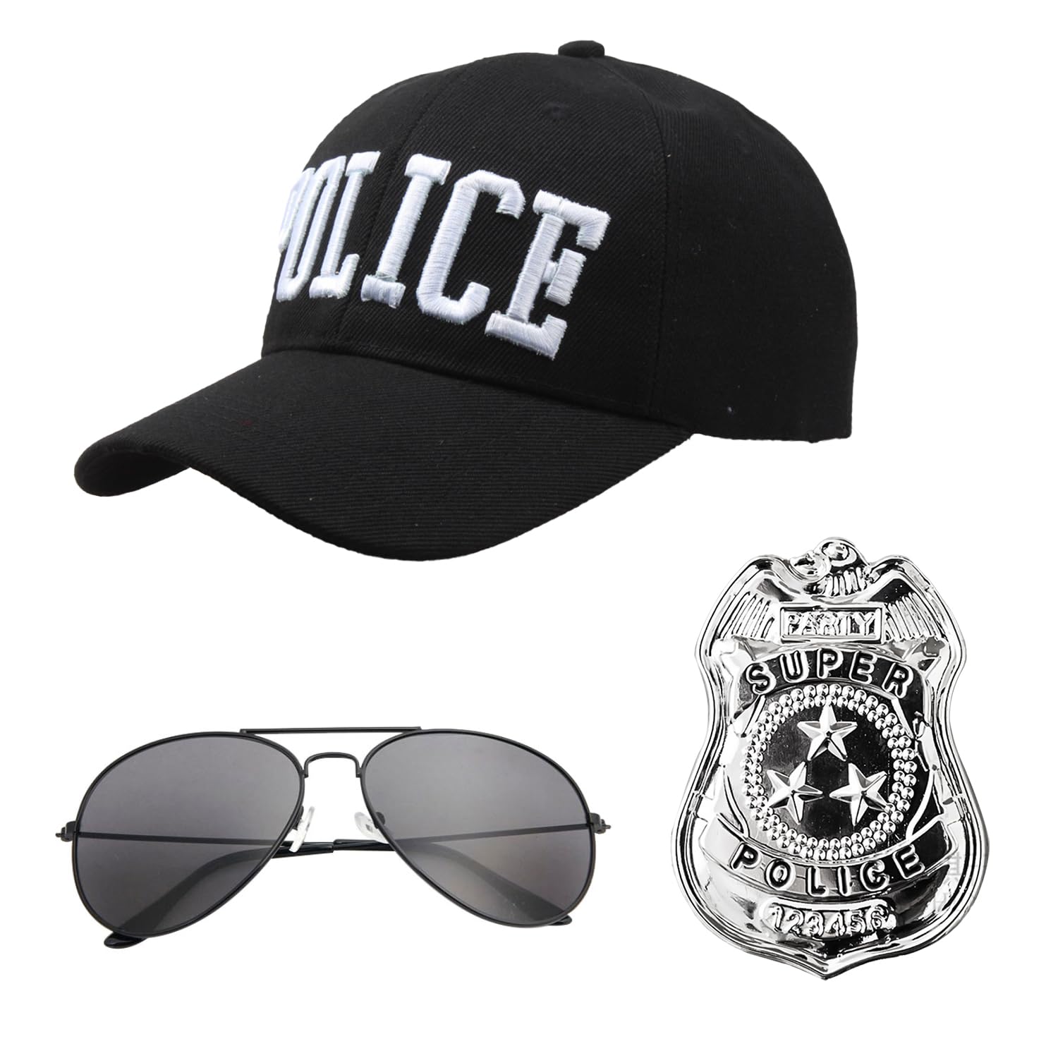 BORFUE 3Pcs Police Costume Accessories Baseball Hat Sunglasses Badge Halloween Festival Cop Fancy Dress for Halloween Role Play