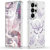 Designed for Samsung Galaxy S26 Ultra Case Magnetic Clear Purple Butterfly | Shockproof Protective Phone Case Cover for Women Girls