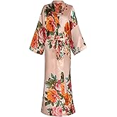 sunshinemall Women's Long Robes Floral Satin Kimono Robe Silky Bathrobe for Bride and Bridesmaid Blossoms Kimonos