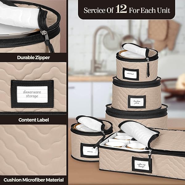 CHINA STORAGE CONTAINERS 5-PIECE SET MOVING BOXES FOR DINNERWARE, GLASSES, PLATES, MUGS AND SAUCERS STURDY QUILTED MICROFIBER DISH ORGANIZER WITH DIVIDERS FOR SEASONAL STORAGE – HOLDS SET OF 12, BROWN