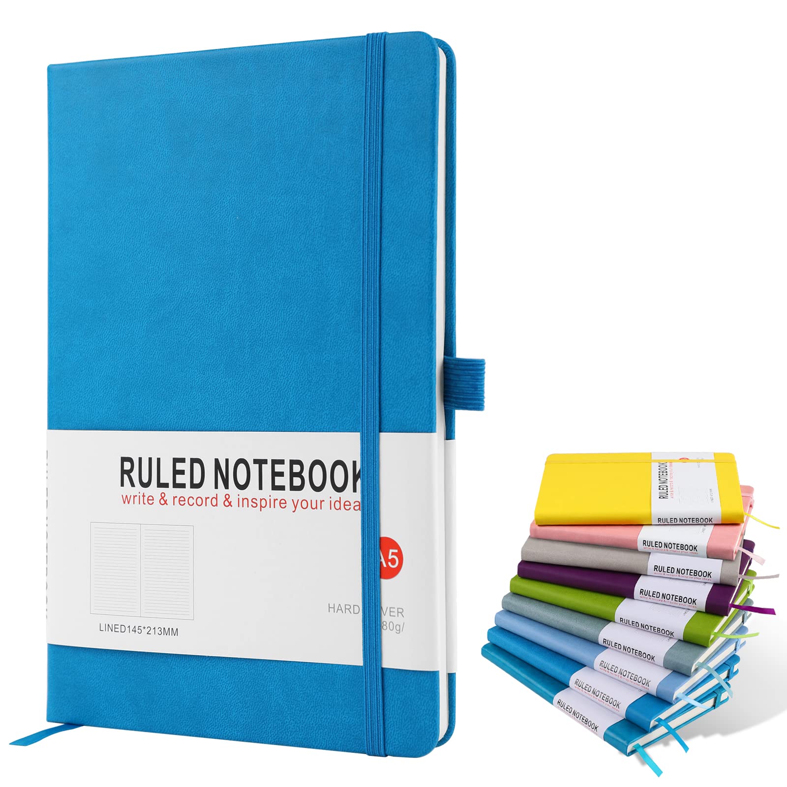 A5 Notebook, Journal Note Pad 200 Pages 80 GSM Journal Notebook Hardback Notepad with Lined Pages Composition Notebooks, Pen Loop and Expandable Paper Pocket, Journal Notepad Note Book- Bright Blue