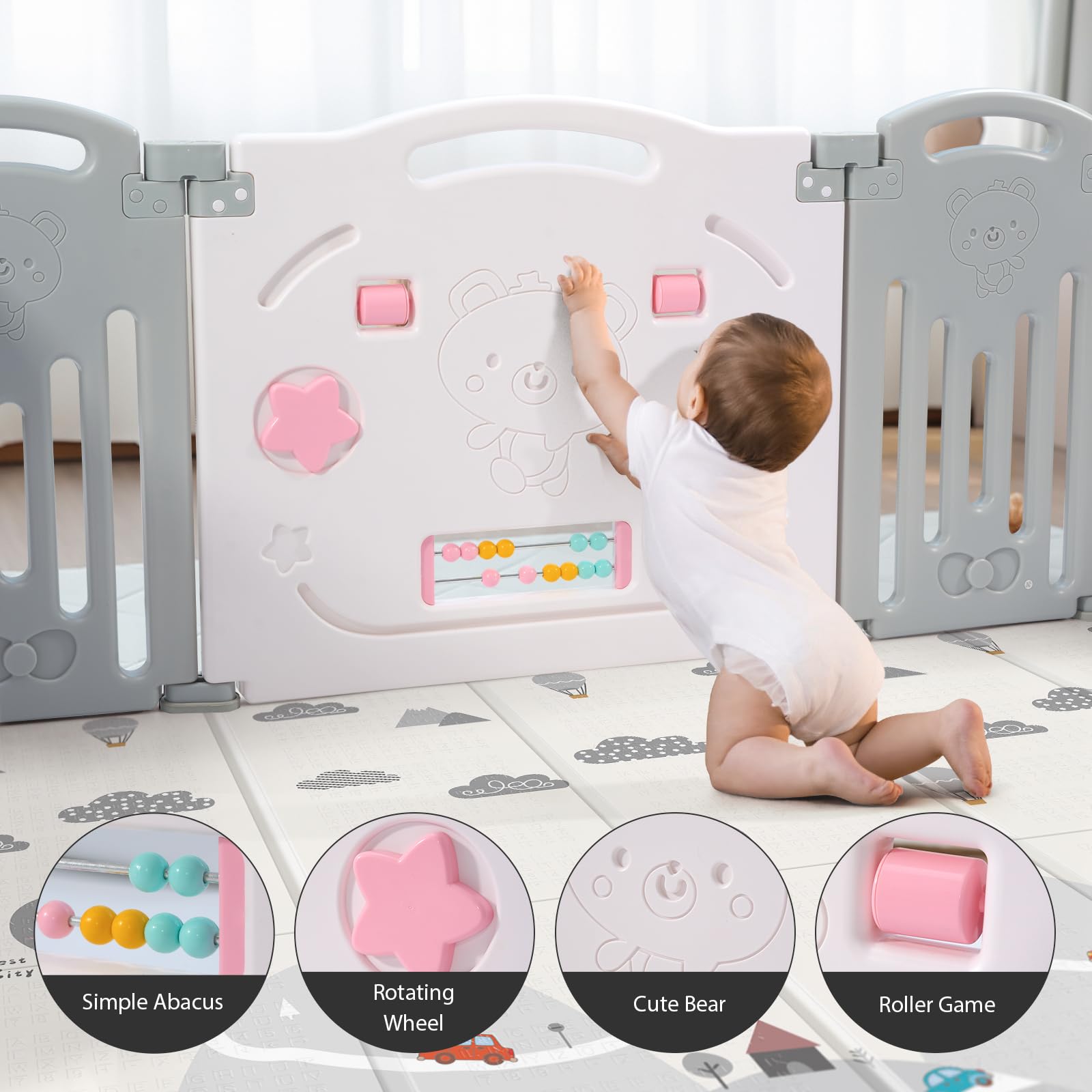 Uanlauo Baby Playpen, 18 Panel Foldable Play Yard for Toddlers, Easy Assemble Safety Baby Fence (Grey+White)