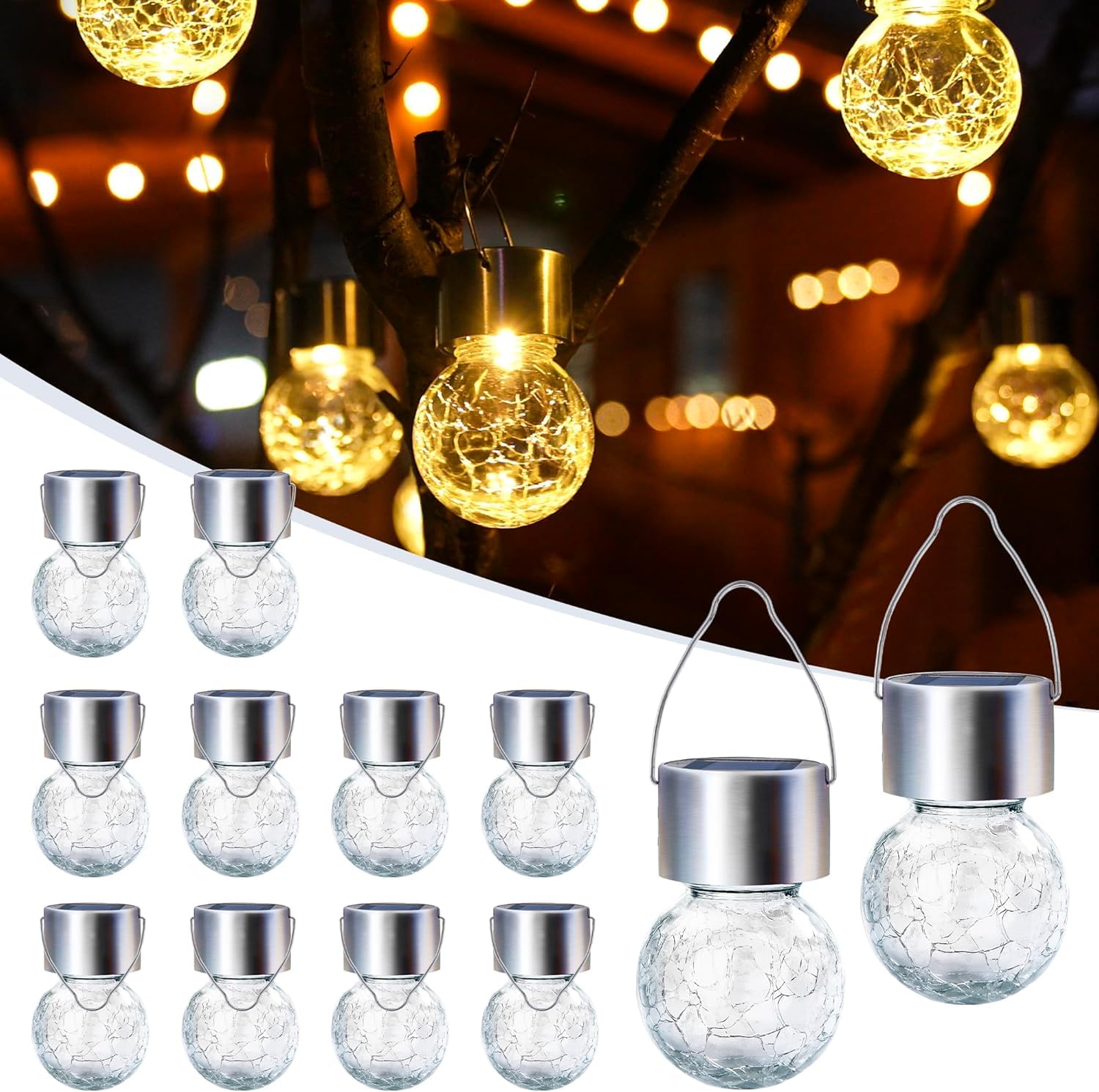 GIGALUMI 12 Pack Solar Hanging Lights for Christmas Decoration - Cracked Glass, Waterproof for Garden, Yard, Fence, Tree (Warm White)