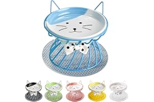 TRUNDISAN Raised Cat Food Bowl - Elevated Feeder Stand with Shallow Ceramic Dish, Whisker-Friendly No-Spill Water Bowl
