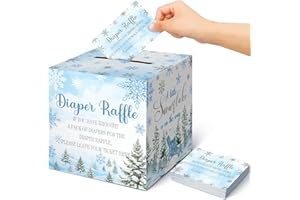 Teling 51 Pieces Diaper Raffle Tickets with Card Box Baby Shower Decorations Baby Shower Holder Box for Girl Boy Diaper Raffle Party(Blue Snowflake)