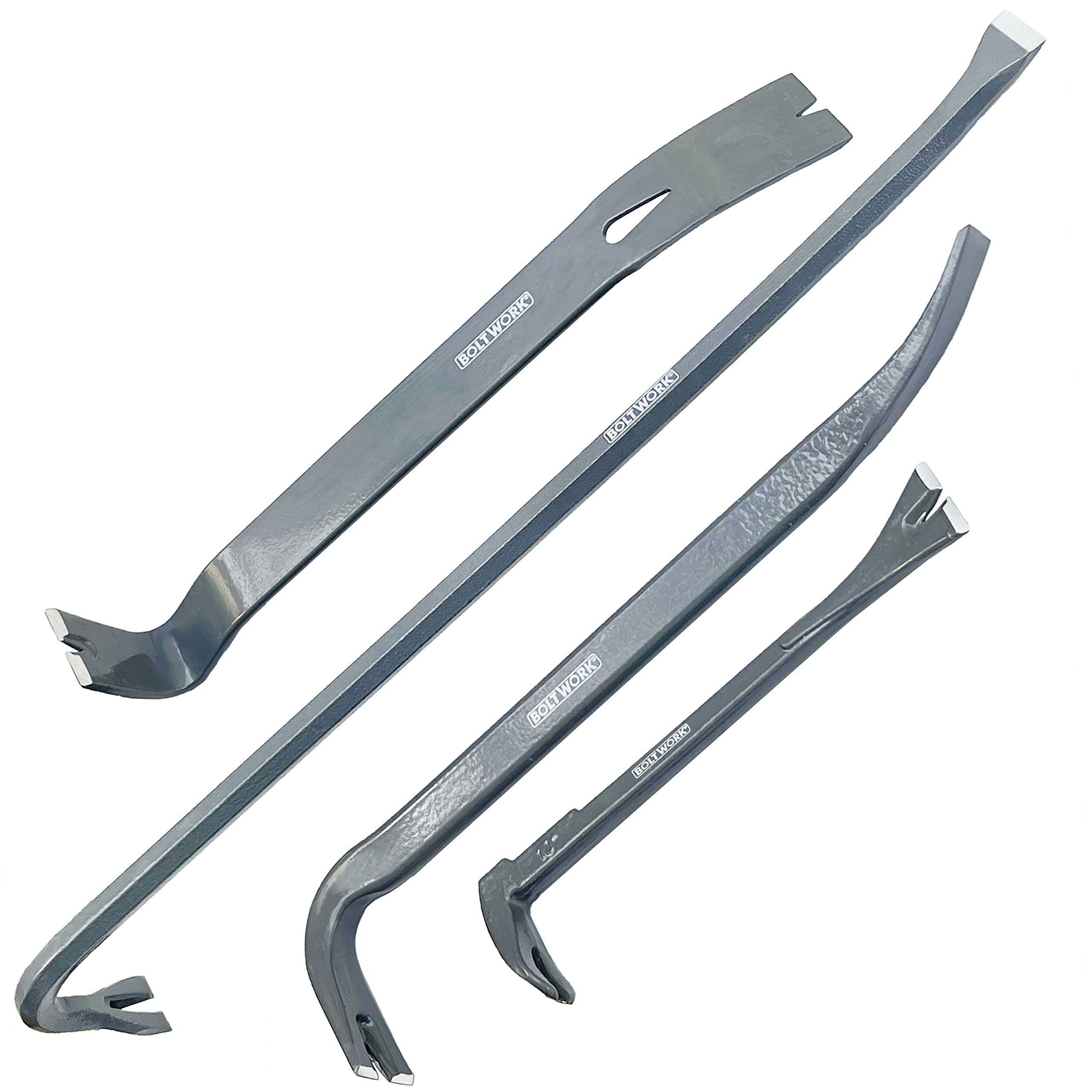 BOLTWORK 4 Pc Multi-Purpose Bar Set, 24 Inch Wrecking Bar, 16 Inch Samson Bar, 10 Inch Nail Puller & Chisel Scraper, 15 Inch Utility Bar, Heavy Duty, Hardened & Tempered