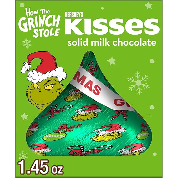 HERSHEY’S SOLID MILK CHOCOLATE KISS WITH GRINCH FOIL, SMALL CHRISTMAS STOCKING STUFFER, 1.45 OZ.