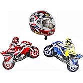 Morndew 3 PCS Motorcycles and Helmet Foil Balloons for Kids Sport Themed Party Birthday Party Baby Shower Wedding Party Decorations