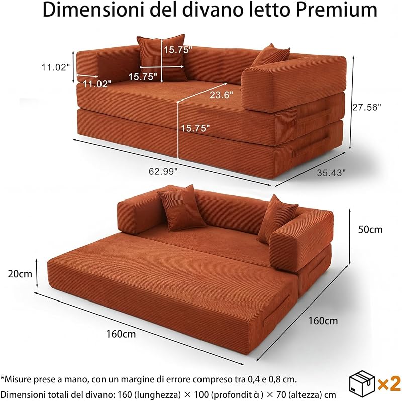 Divano letto senza ossa, 160 cm, corda premium, futon 5-in-1 con 2 cuscini in memory foam per piccoli spazi, arancione