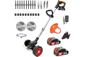HWLANTU Electric Weed Wacker with Wheels Cordless 2.0Ah Battery Powered Lightweight Edger Grass Trimmer/Lawn Edger/Mower/Brush Cutter, with 5 Types Blades for Yard and Garden Weeder Tool——Black