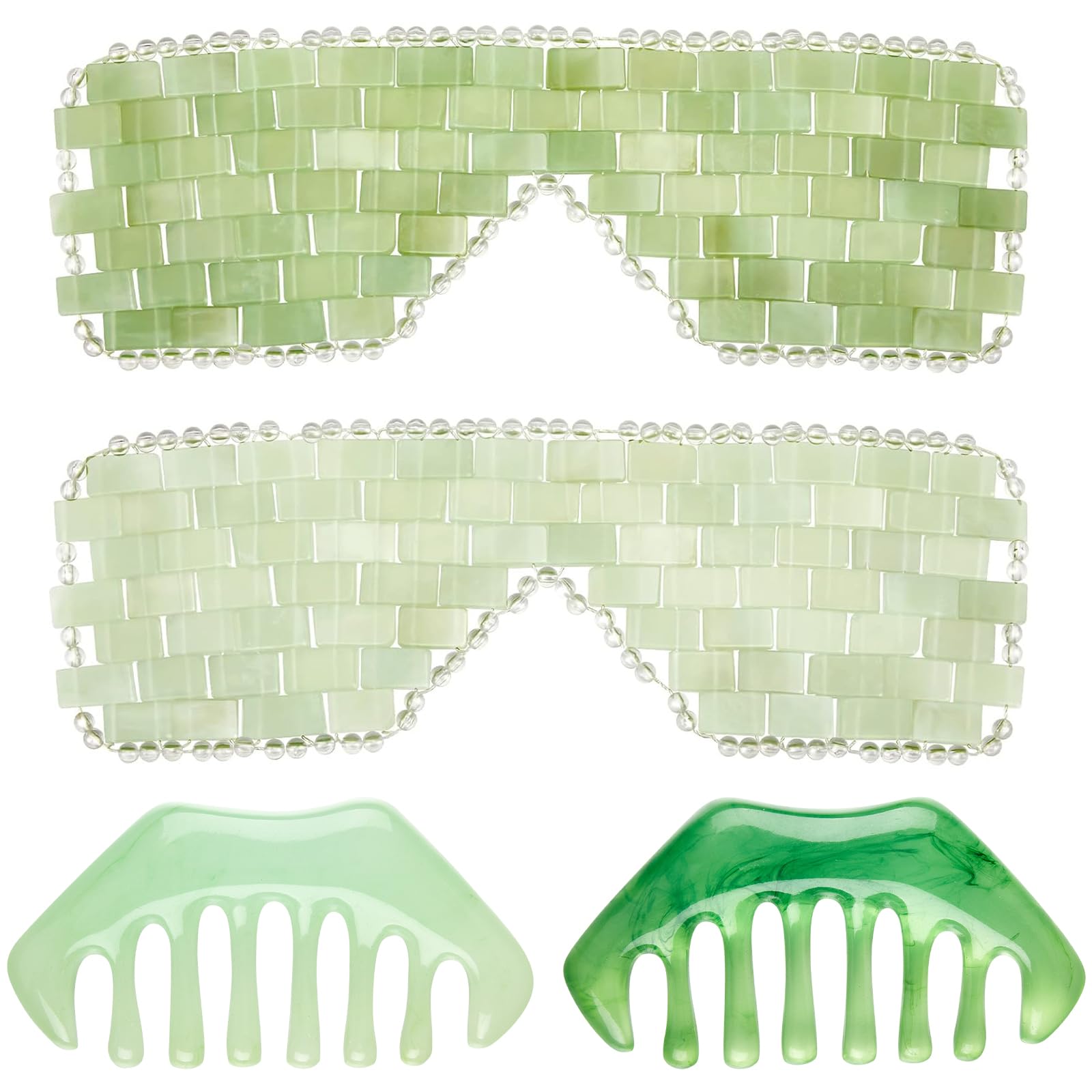 Photo 1 of Hercicy 4 Pcs Jade Eye Mask and Hair Comb Set Green Jade Stone Eye Mask White Facial Cooling Set Guasha Scalp Comb Facial Massage Tool for Relax Alleviate Puffiness Esthetician Supplies