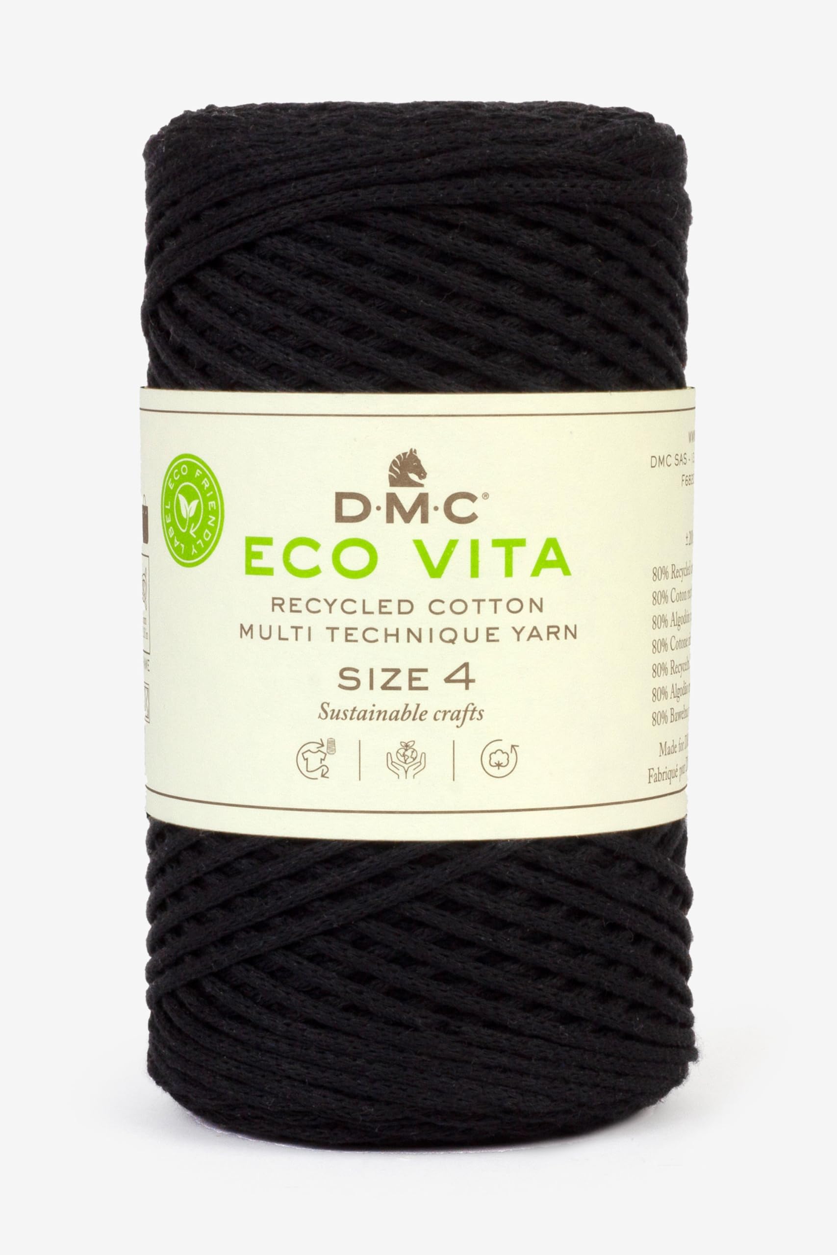 DMC Eco Vita 4, Black Crochet Knitting Macrame Yarn, 250g