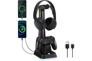 JDGPOKOO PS4 Controller Charger Dock Station with RGB Headphone Stand, PS4 Controllers Charging Station with 2 USB Ports, Headphone and Controller Stand Compatible with PlayStation 4, Black