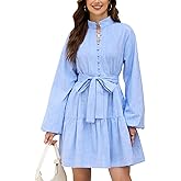 YEXPINE Women's Long Puff Sleeve Cotton Linen Dress Button Up Belted Ruffle Hem Tiered Mini Dress