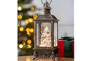 QUALDOUT Christmas Village Buildings Snow Globe Lantern Water Glittering Snowman Family with Music & Timer, USB Lined/Battery Operated Lighted Lantern for Christmas Festival Decoration Gifts