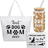 Reginary 3 Pcs Dog Mom Gifts for Women Pink Bow Canvas Tote Bags Set Christmas Birthday Gifts Large Tote Bag Makeup and 16 oz Water Glasses with Lid Straw Cute for Friend(Dog Mom)