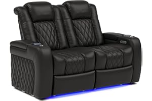 VALENCIA THEATER SEATING Valencia Tuscany Home Theater Seat - Nappa Leather Power Recliner with Cool Gel Memory Foam, USB-C/USB-A Charging, RGB LED Lights, Adjustable Lumbar & Headrest (Row of 2 Loveseat, Black)