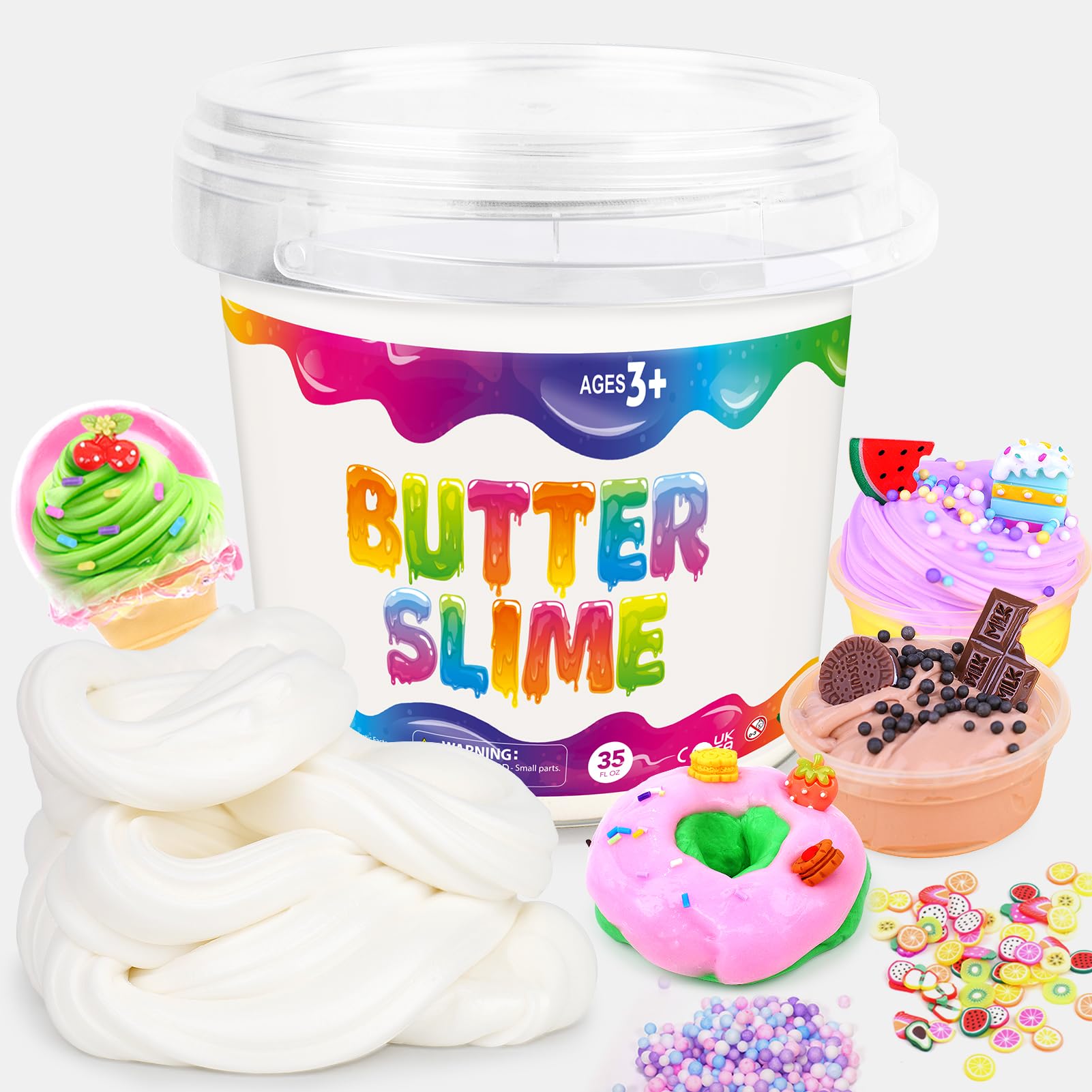 Butter Slime Kit for Girls Big Bucket: 35 FL OZ Non-Sticky and Stretchy Slime - White Premade Butter Slime Making Kits with Add-ins and Small Containers - Fun Birthday Gift for Kids Grils