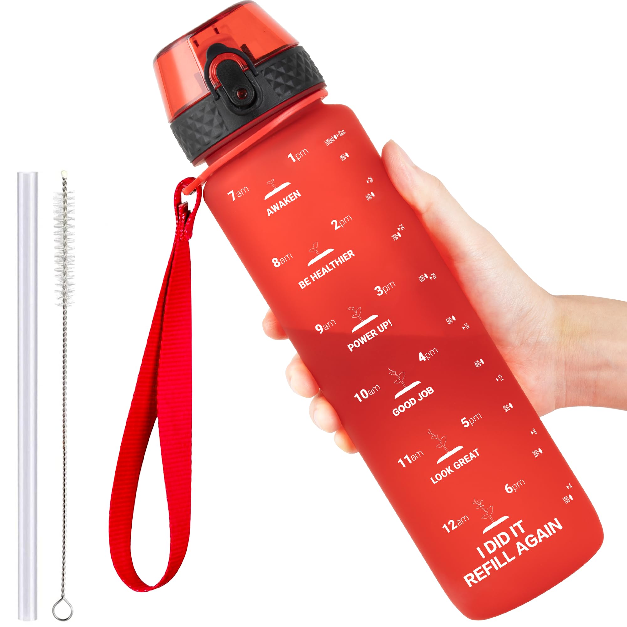 GOPPUS 1L/32oz Tritan Water Bottle with Straw-Soft Matte Finish Leakproof Drink Bottle with Measurements Bottles with Flip Top Motivational Bottles with Time Marks for Adults BPA Free (Red)