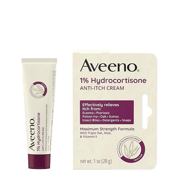 AVEENO MAXIMUM STRENGTH 1% HYDROCORTISONE ANTI-ITCH CREAM, TRIPLE OAT, ALOE & VITAMIN E FOR ITCH RELIEF FROM ECZEMA, PSORIASIS, INSECT BITES, POISON IVY, OAK & SUMAC & DETERGENTS, 1 OZ, 2 PACK