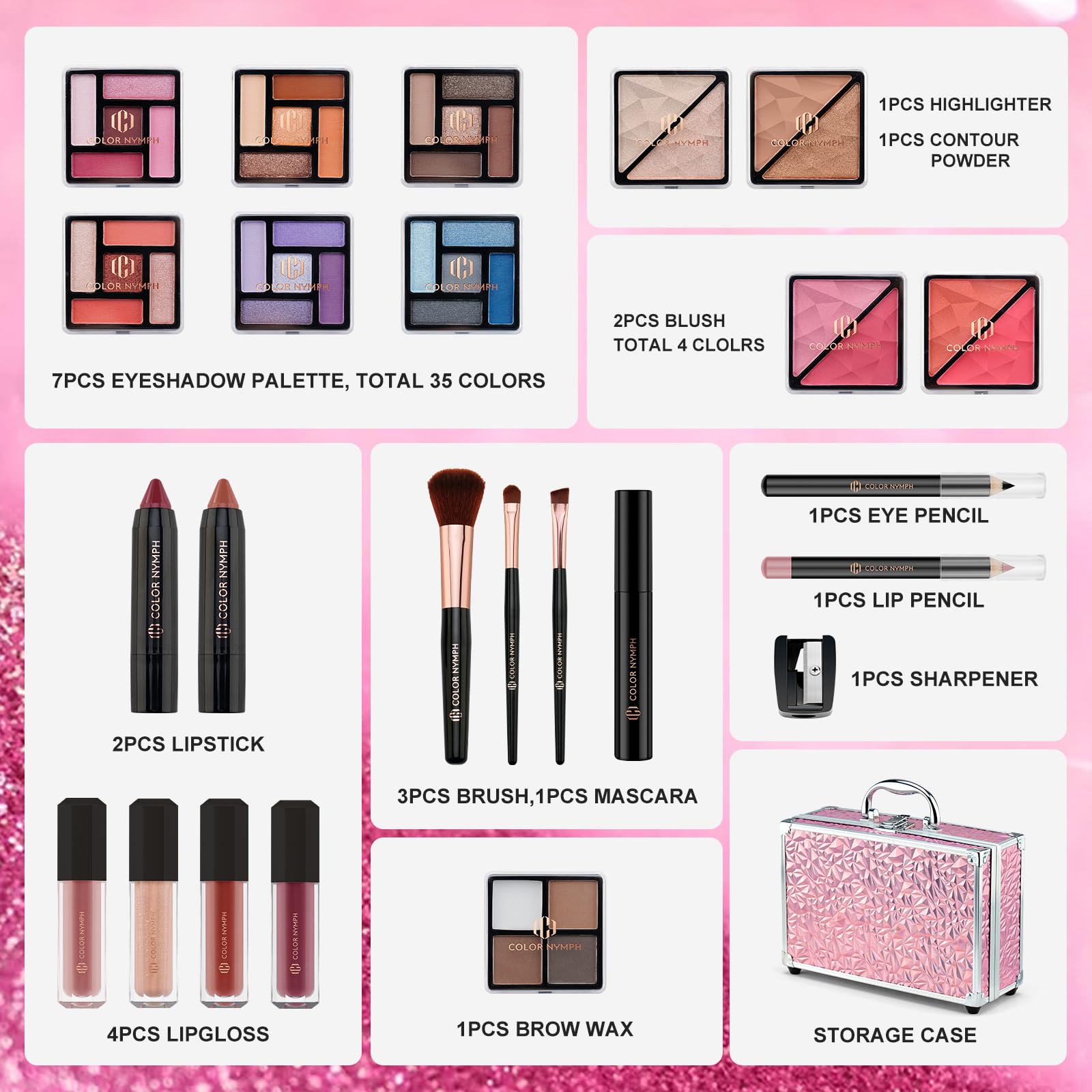 Color Nymph Starter Makeup Kit for Tweens Girls, Train Case for Women Full Kit with Eye Shadow, Lipstick, Blush, Brushes, Lipgloss, Mascara, Brow Wax and Mirror Pink Full Starter Cosmetics Set
