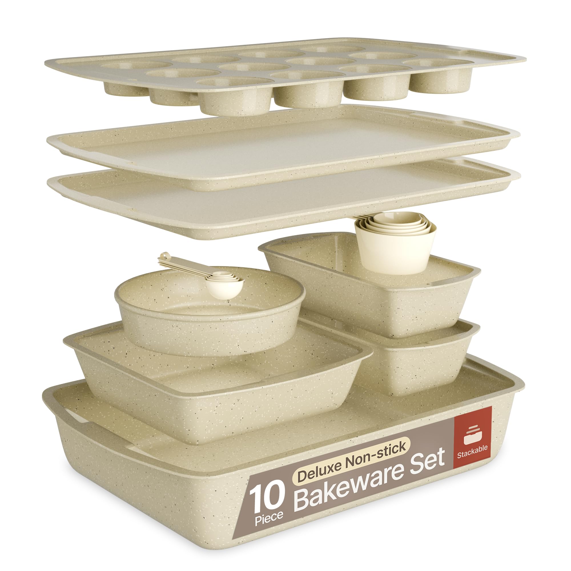 White Marble 10-Piece Bakeware Sets, Nonstick Carbon Steel Baking Sheet & Pans, Stackable Space-Saving Bakeware, Dishwasher Safe, Stain-resistant, PFOAPFOSPTFE Free, Oven Safe Up To 450°F (230°C) Image