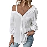 MakeMeChic Women's Fall Asymmetrical Tops Button Down Shirt Long Sleeve Oversized Office Blouse