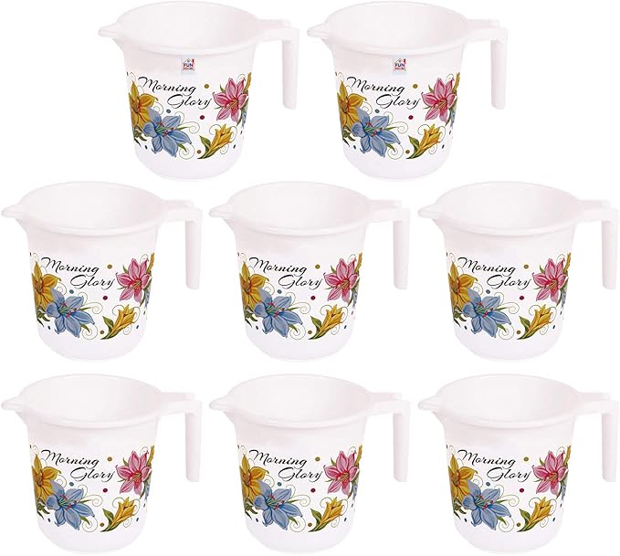 Fun Homes Floral Print 8 Pieces Unbreakable Strong Plastic Bathroom Mug,500 ML (White) Amazon