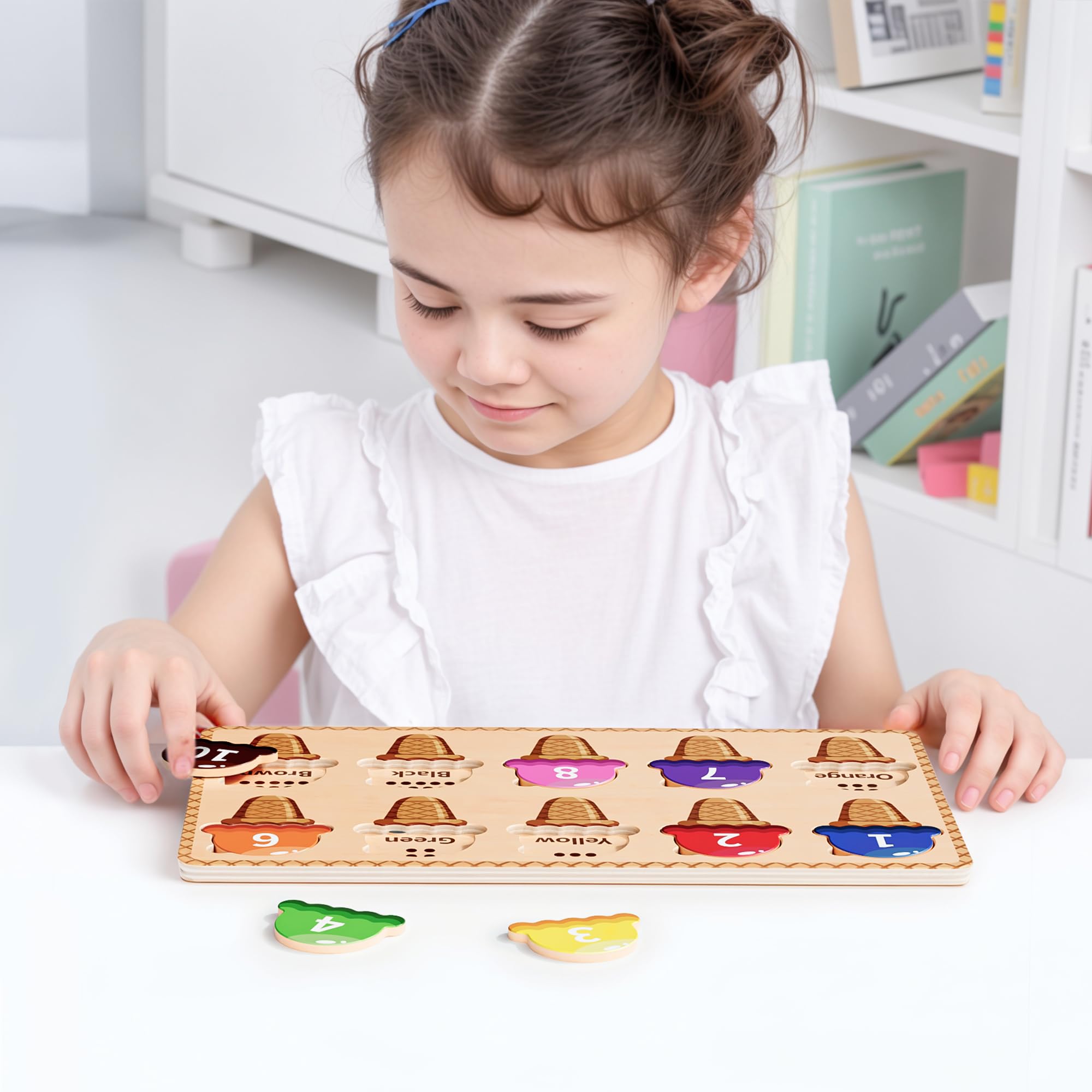 Wooden Puzzles for Toddlers,Montessori Toys,Preschool Learning Activities,Peg Puzzle with Ice Cream Shape and Color Number Matching Educational Toys